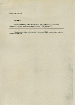 Text núm. 14. "Intervenció del Grup de Treball de Barcelona en el cicle Nuevos comportamientos artísticos", a "Solución. Boletín de Información Cultural", Madrid, maig 1974