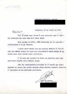 Carta : Barcelona, a Georges Baudaille, París, 1974 ag. 28