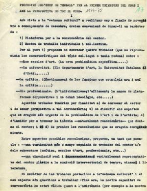 Propostes del "Grup de Treball" per al primer trimestre del curs i amb la perspectiva de tot el curs